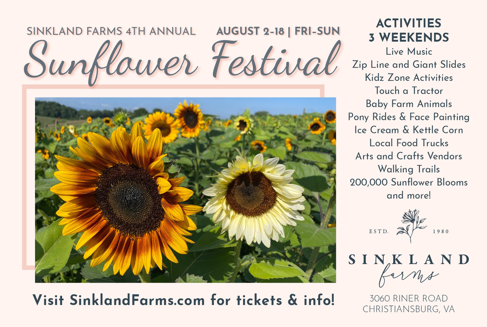 Sinkland Farms 4th Annual Sunflower Festival Aug 2-18 in Christiansburg, VA