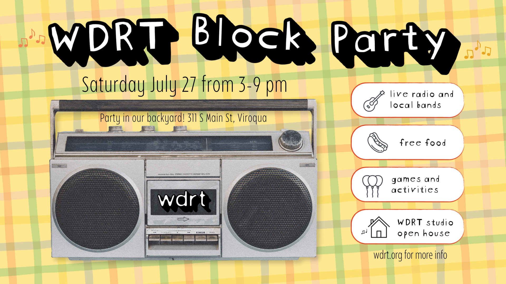 WDRT Block Party Saturday July 27 in Viroqua, WI